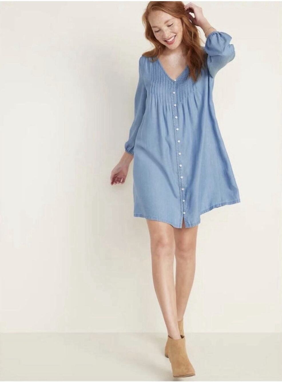 Old Navy Chambray Swing Dress L Blue Pintucked V-Neck Button Front Soft Lyocell